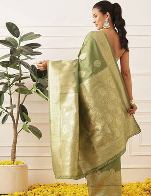 Olive woven art silk traditional saree with blouse piece 2