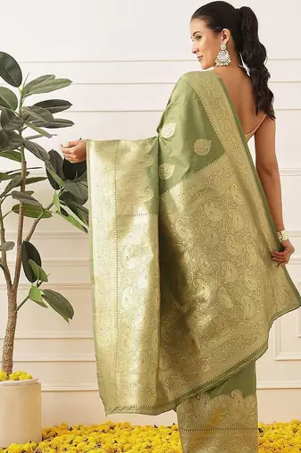 Olive woven art silk traditional saree with blouse piece