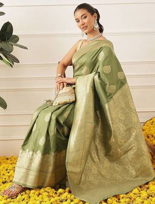 Olive woven art silk traditional saree with blouse piece 3