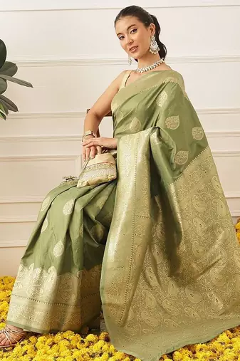 Olive woven art silk traditional saree with blouse piece