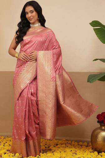 Pink woven art silk traditional saree with blouse piece