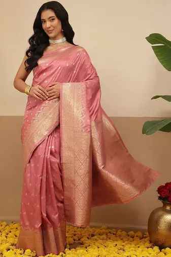 Pink woven art silk traditional saree with blouse piece