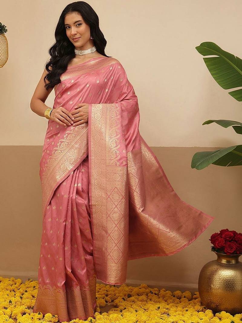 Pink woven art silk traditional saree with blouse piece