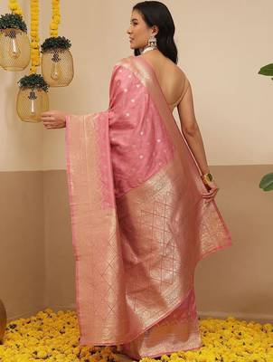 Pink woven art silk traditional saree with blouse piece 3