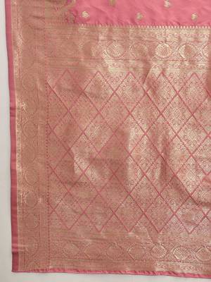 Pink woven art silk traditional saree with blouse piece 4