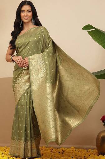 Olive woven art silk traditional saree with blouse piece