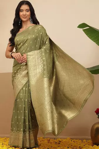 Olive woven art silk traditional saree with blouse piece