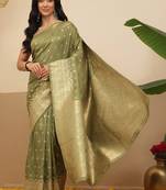 Olive woven art silk traditional saree with blouse piece