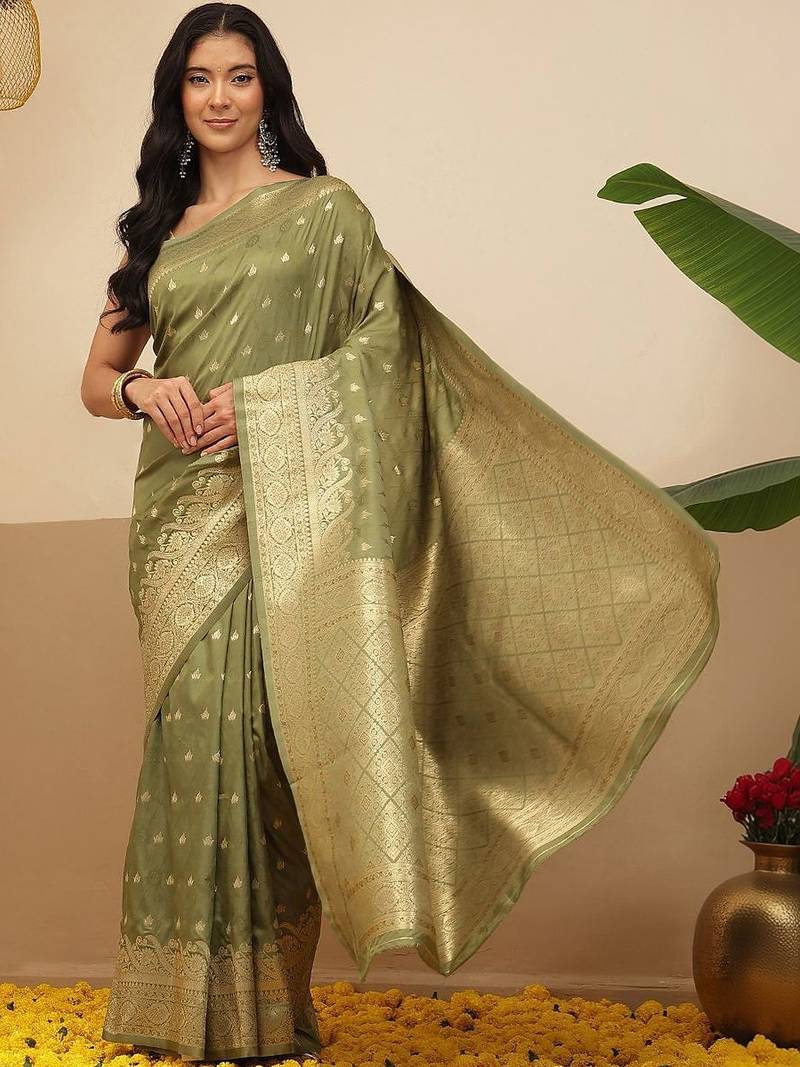 Olive woven art silk traditional saree with blouse piece