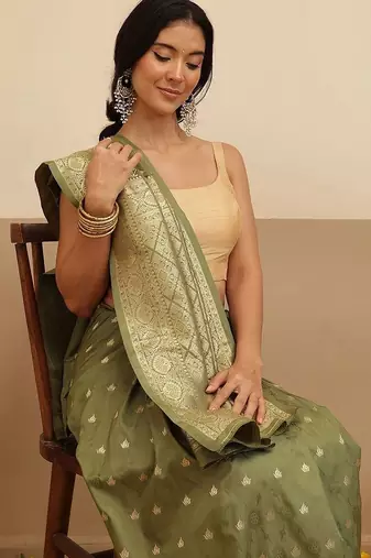 Olive woven art silk traditional saree with blouse piece