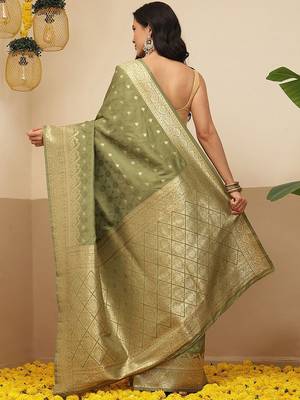 Olive woven art silk traditional saree with blouse piece 3
