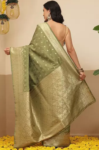 Olive woven art silk traditional saree with blouse piece