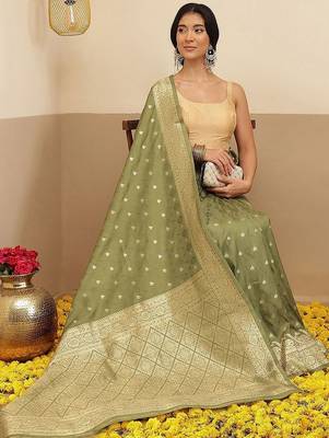 Olive woven art silk traditional saree with blouse piece 4