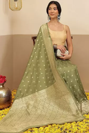 Olive woven art silk traditional saree with blouse piece