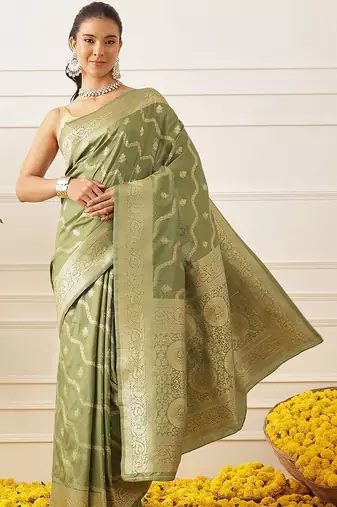 Olive woven art silk traditional saree with blouse piece
