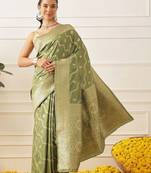Olive woven art silk traditional saree with blouse piece