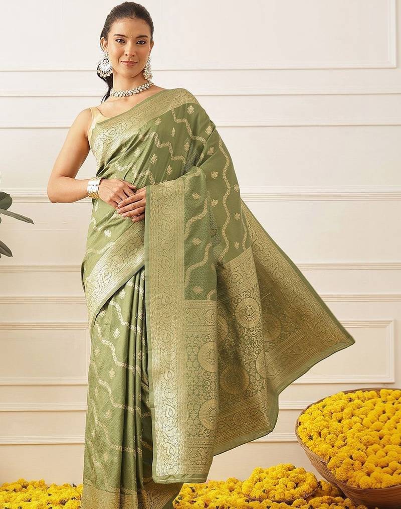 Olive woven art silk traditional saree with blouse piece