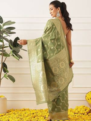Olive woven art silk traditional saree with blouse piece 2