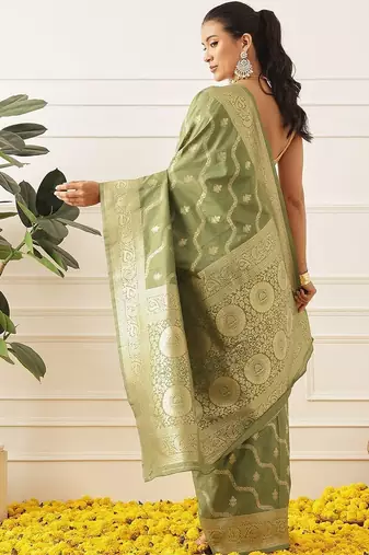 Olive woven art silk traditional saree with blouse piece