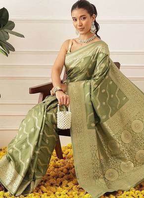 Olive woven art silk traditional saree with blouse piece 3