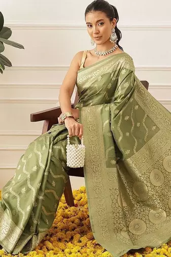 Olive woven art silk traditional saree with blouse piece