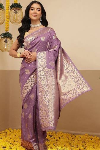 Lavender woven art silk traditional saree with blouse piece