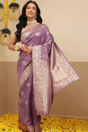 Lavender woven art silk traditional saree with blouse piece