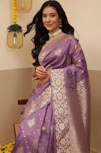Lavender woven art silk traditional saree with blouse piece