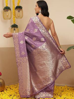 Lavender woven art silk traditional saree with blouse piece 3