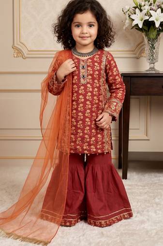 orange heavy chinon with embroidery sequnece work with digital print work - designer party wear