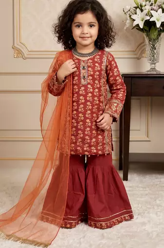 orange heavy chinon with embroidery sequnece work with digital print work - designer party wear
