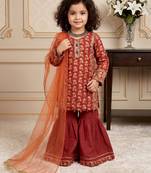 orange heavy chinon with embroidery sequnece work with digital print work - designer party wear