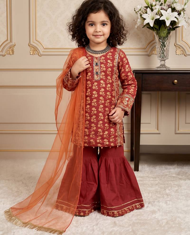 orange heavy chinon with embroidery sequnece work with digital print work - designer party wear