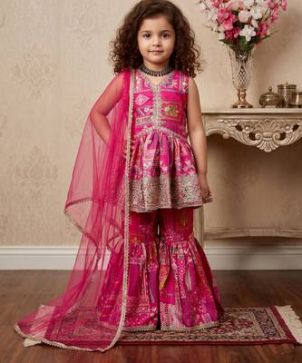 pink heavy japan satin with 5mm sequence embroidery work with digital print work - designer party wear 1