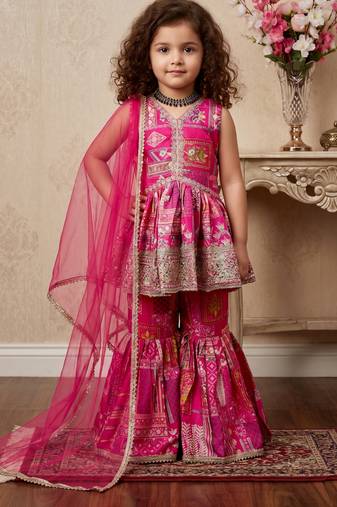 pink heavy japan satin with 5mm sequence embroidery work with digital print work - designer party wear