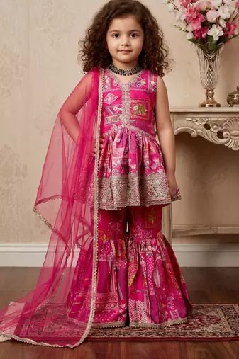 pink heavy japan satin with 5mm sequence embroidery work with digital print work - designer party wear