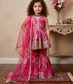 pink heavy japan satin with 5mm sequence embroidery work with digital print work - designer party wear