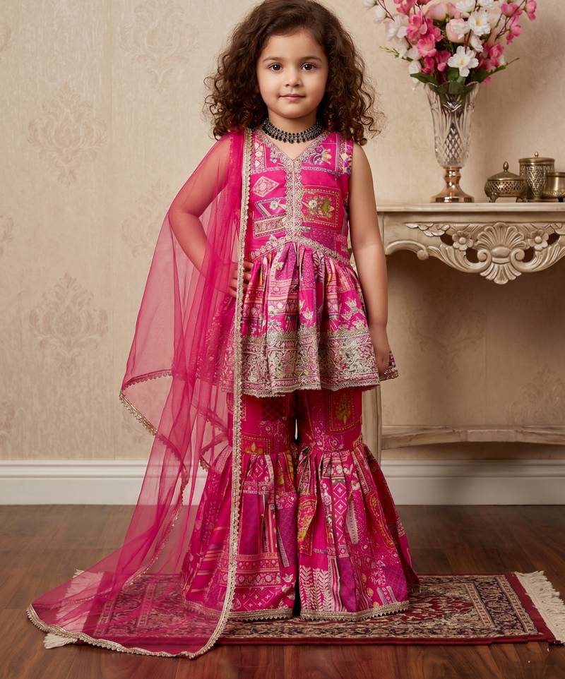 pink heavy japan satin with 5mm sequence embroidery work with digital print work - designer party wear