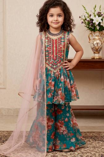 Teal green heavy fox georgette salwar suit set with embroidery sequence work with digital printed - designer party wear