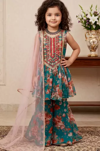 Teal green heavy fox georgette salwar suit set with embroidery sequence work with digital printed - designer party wear