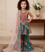 Teal green heavy fox georgette salwar suit set with embroidery sequence work with digital printed - designer party wear