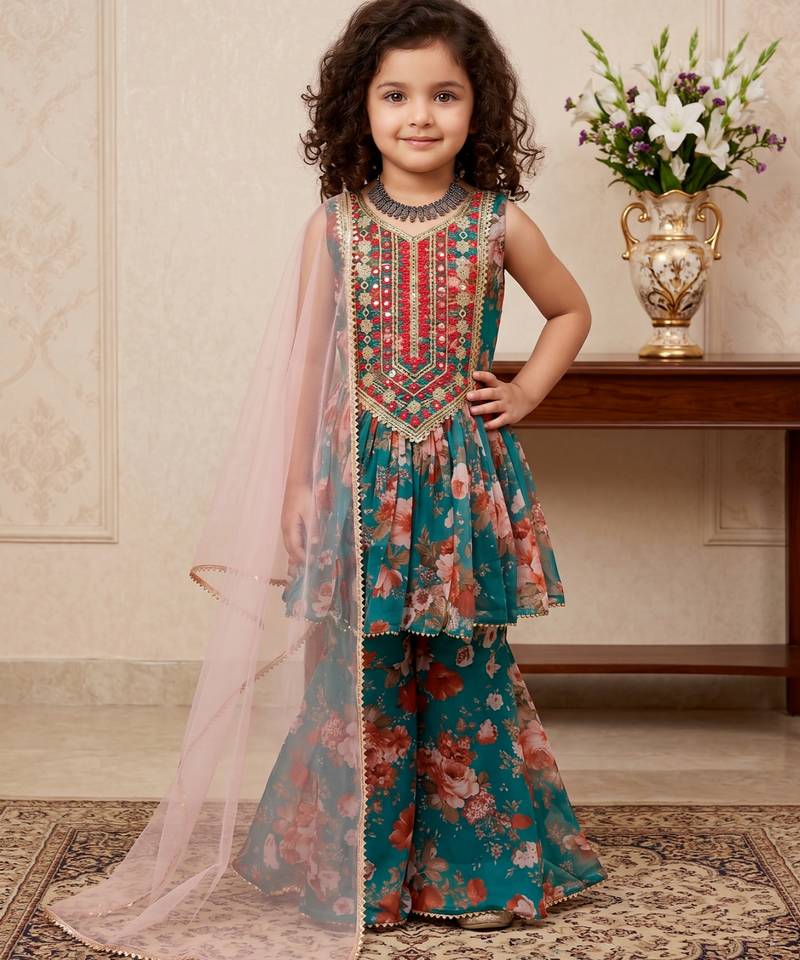 Teal green heavy fox georgette salwar suit set with embroidery sequence work with digital printed - designer party wear