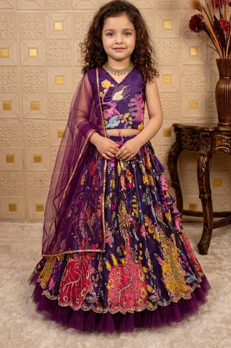 purple pure heavy natural crep with print embroidery work with real mirror hand work - designer party wear