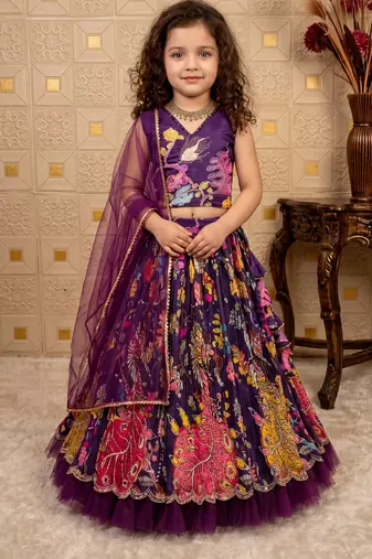 purple pure heavy natural crep with print embroidery work with real mirror hand work - designer party wear