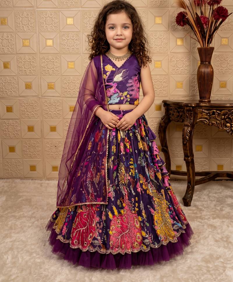 purple pure heavy natural crep with print embroidery work with real mirror hand work - designer party wear