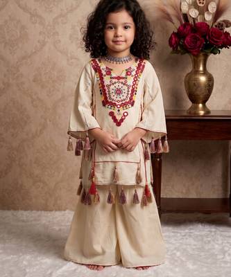 cream pure khadi cottan ethnic wear set with embroidery sequence work with real mirror work - designer party wear 3