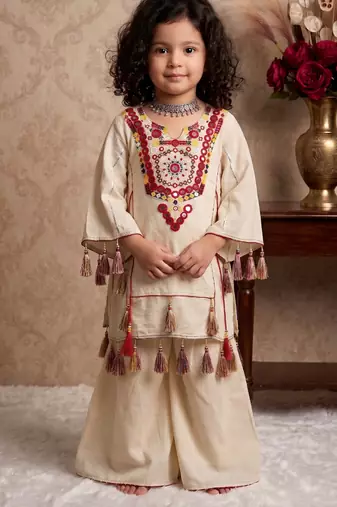 cream pure khadi cottan ethnic wear set with embroidery sequence work with real mirror work - designer party wear