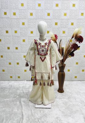 cream pure khadi cottan ethnic wear set with embroidery sequence work with real mirror work - designer party wear 4