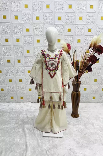 cream pure khadi cottan ethnic wear set with embroidery sequence work with real mirror work - designer party wear
