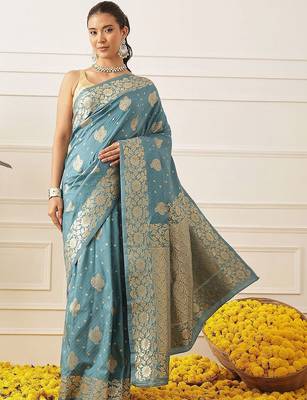 Turquoise woven art silk traditional saree with blouse piece 1